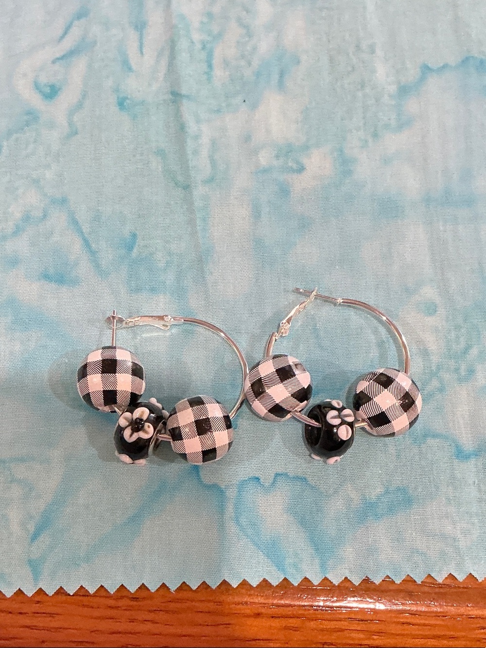 Handmade gingham silver toned hoop earrings with black and white checkered beads